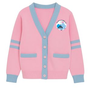 Jack and Jill Girls Pink Blue V Neck Knit <b>Cardigan</b> Button Front Long Sleeve Contrast Stripe School Sweater with Pockets Kids - Product Image 3