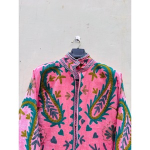 Hand Embroidered Pink Velvet 100% Cotton SHYAM EXPORT Winter Knitted <b>Jacket</b> <b>Mandarin</b> <b>Collar</b> Paisley Pattern Women's Short Full - Product Image 2