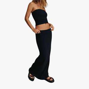 Conjunto de 2 Piezas para Mujer, Top Tubo sin Tirantes, Falda Larga Maxi, Color Sólido, Transpirable, Tejido de Punto, Spandex, Poliéster, Verano, Casual - Product Image 3