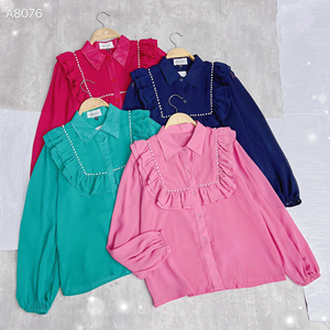 Blusa Elegante para Mujer al por Mayor con Adorno de Perlas, Volantes, Manga Larga, Cuello de Solapa y Botones Delanteros, Camisa de Oficina para Venta al por Mayor - Product Image 5