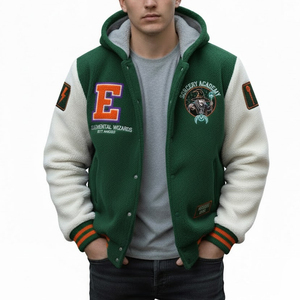 Solid Color Front Logo Quick Dry & Windproof Men <b>Fleece</b> Varsity <b>Jackets</b> High Street Style <b>Fleece</b> Varsity <b>Hooded</b> <b>Jacket</b> for Men- - Product Image 1