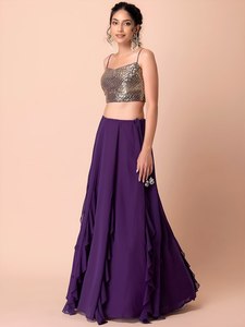 Elegant Purple Cotton Lehenga Set <b>Sequin</b> Crop <b>Top</b> Layered Skirt Net Dupatta Ruffle Wedding Party Women Outfit - Product Image 4
