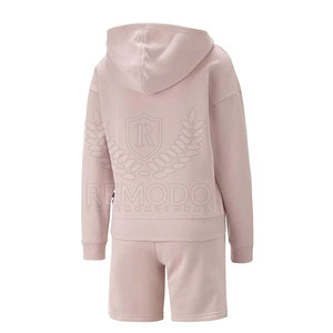 OEM Custom Logo Women's Two Piece Hoodie Shorts Set 100% Cotton Knitted Lounge Outfit Hooded Casual Sportswear Long Sleeves - Product Image 2