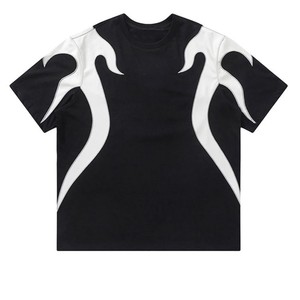 Heavyweight Cotton Streetwear T-<b>Shirt</b> Men's Oversized Fit with Custom White Flame Applique <b>Patchwork</b> - Product Image 1