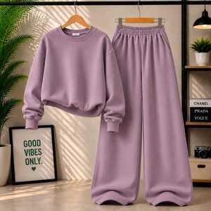 Ensemble sweat-shirt en polaire surdimensionné et pantalon à jambes larges pour femme – Ensemble de survêtement décontracté en deux pièces - Product Image 1