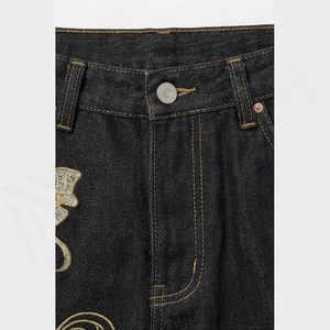 Straight-Leg Dark Wash <b>Denim</b> Jeans Men High Waist Regular Fit Cotton Embroidery Streetwear Autumn Style Pants - Product Image 4