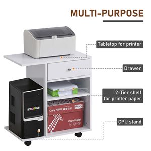 Banco per stampante a rotolamento bianco con cassetto a scaffale regolabile e supporto per CPU Desktop e organizer per cassetti con ruote - Product Image 4