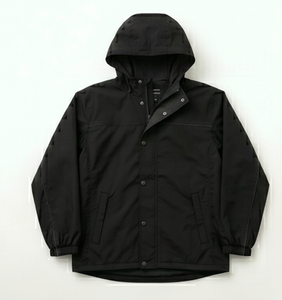 Chaqueta Impermeable con Capucha Negra para Hombre, Estilo Casual para Otoño, Exterior de Nailon con Revestimiento de PU, Cierre de Botones, Corte Regular - Product Image 1