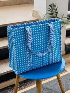 Blue Quilted <b>Tote</b> <b>Bag</b> with <b>White</b> Check Pattern Zipper Closure Bohemian Style Large Capacity Embroidery Daily Use Shopping <b>Bag</b> - Product Image 2