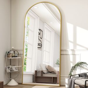 Specchio a Figura Intera con Cornice ad Arco 193 x 86 cm, Telaio in Metallo Dorato, Vetro Infrangibile, Design Moderno Autoportante - Product Image 5