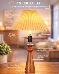Handcrafted Wooden <b>Rectangle</b> Table <b>Lamp</b> with Pleated Fabric <b>Shade</b> Modern Tabletop Bedside Light for Home Bedroom - Product Image 6