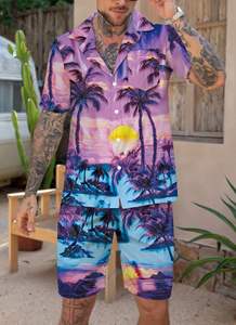 mens purple blue tropical beach sunset palm tree print <b>short</b> <b>sleeve</b> lapel <b>button</b> <b>up</b> <b>shirt</b> matching <b>shorts</b> 2 piece set casual - Product Image 2