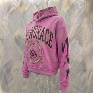 Snowgrace Oversized Crop <b>Hoodie</b> <b>Pink</b> French Terry Unisex Streetwear Print Rhinestone Back Logo Autumn Style - Product Image 4