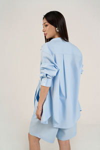 Conjunto de 2 Piezas para Mujer, Camisa de Manga Larga y Pantalones Cortos Bermuda, 100% Algodón Popelina, Transpirable, Sólido, Casual, con Botones, para Verano - Product Image 4