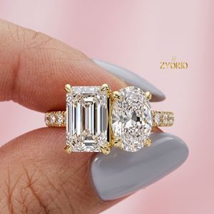 Anillo de Compromiso de Lujo con Diamantes Cultivados en Laboratorio, Corte Esmeralda y Corte Ovalado, Oro Amarillo de 14K y 18K, Anillo de Boda Personalizado con Doble Piedra para Mujer - Product Image 1