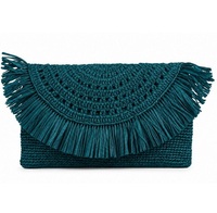 Tas Amplop Rajut Raffia Teal dengan Rumbai Gaya Bohemian Ramah Lingkungan Tahan Lama Dapat Disesuaikan untuk Penggunaan Malam Hari.