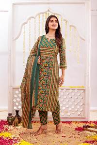 Ensemble Kurta en coton Mal à imprimé floral traditionnel – Broderie artisanale avec pantalon et dupatta assortis - Product Image 3