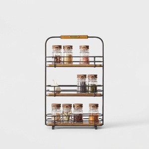 3 Tier Matte Black Metal Spice <b>Rack</b> Organizer With Rustic Wood <b>Kitchen</b> Seasoning Jar <b>Storage</b> Stand With Handle Kitchenware - Product Image 1