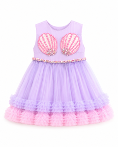 Vestido de Fiesta de Tul hasta la Rodilla para Niñas, Diseño de Princesa Sirena, Apliques de Conchas de Perla, Sin Mangas, ODM para Niños |   Boutique para Ocasiones de Cumpleaños - Product Image 1