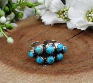 Handmade 925 Sterling Silver Multi-Stone Kingman Blue Turquoise Cluster <b>Adjustable</b> Statement Boho Vintage Opaque Gemstone <b>Ring</b> - Product Image 3