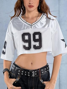 Women Mesh Crop Football Jersey Shiny <b>Patchwork</b> Number 99 Oversized Streetwear Sport Crop Top Custom - Product Image 2