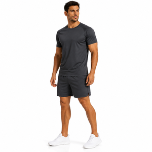 Ensemble de t-shirts sportifs à manches courtes gris foncé pour hommes, séchage rapide, en polyester tricoté, vêtements de sport d'été, shorts et baskets blanches inclus - Product Image 5