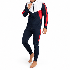 Men's Navy Red White Eco-Friendly 100% Cotton Full <b>Zip</b> <b>Hooded</b> Tracksuit with Side Pockets Regular Fit Sporty Winter Wear - Product Image 1