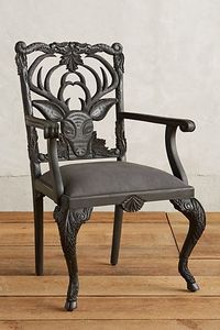 Luxury Handcrafted Solid Wood <b>Dining</b> <b>Armchair</b> Ornate Deer Head Carving Matte Black Upholstered Seat - Product Image 6