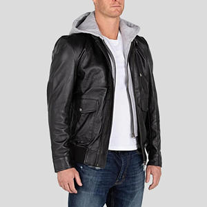 Veste en cuir noir pour homme avec capuche en tissu gris 2 en 1, veste à capuche streetwear superposée, coupe slim, manteau décontracté en peau de mouton - Product Image 2