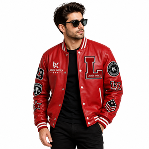 Custom Red Varsity Letterman Jacket Men PU Leather Baseball College Jacket Chenille Embroidered Patch Bomber Jacket OEM Bulk - Product Image 2