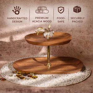 Plateau de service en bois à 2 niveaux résistant à la chaleur, plateau à dessert en bois d'olivier, support de présentation pour collations pour table de fête - Product Image 5