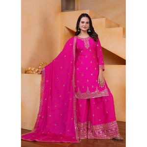 Vichitra Blooming <b>Sequin</b> Embroidered Top With <b>Flared</b> Palazzo And Dupatta Women Three Piece Festive Salwar Suit Set - Product Image 1