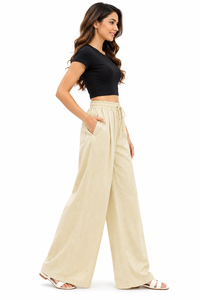 Pantalones Anchos Beige Premium para Mujer, Cintura Alta, Cordón Elástico, Logotipo, Casuales, Verano, Lino/Algodón, Lisos - Product Image 2
