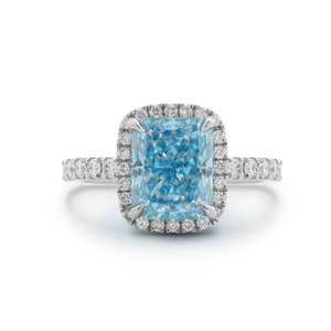 New Arrival Solid White Gold 2.5ct Blue Lab Grown <b>Diamond</b> <b>Ring</b> Radiant Cut Halo Engagement <b>Ring</b> with U Shape Pave <b>Diamond</b> Band - Product Image 6