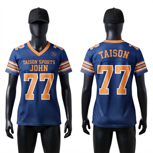 เสื้อฟุตบอลอเมริกันชาย พรีเมียม 150 GSM ผ้าตาข่ายโพลีเอสเตอร์ สีน้ำเงิน แขนสีส้ม ปักโลโก้ ชื่อ หมายเลข ตามสั่ง ชุดทีม ป้องกันแบคทีเรีย - Product Image 1