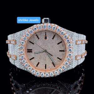 Reloj de Lujo para Hombre con Esfera Dorada Rosa y Moissanita, Diseño Bicolor |   Reloj Hip Hop con Correa de Metal y Movimiento de Cuarzo ETA - Product Image 1