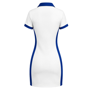 Vestido Polo Blanco y Azul Rey para Mujer, Manga Corta, Cuello en Contraste, Uniforme Deportivo con Paneles Laterales y Escudo en el Pecho - Product Image 5
