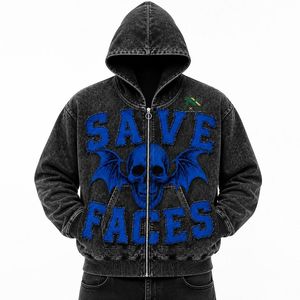 Sweat à capuche zippé personnalisé pour homme, style denim, avec lettres appliquées et effet délavé à l'acide, imprimé crâne vintage, vente en gros usine OEM - Product Image 1
