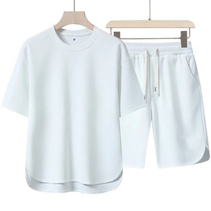 Ensemble T-shirt et short décontracté d'été pour homme en coton blanc, col rond, manches courtes, respirant, tricoté - Product Image 1