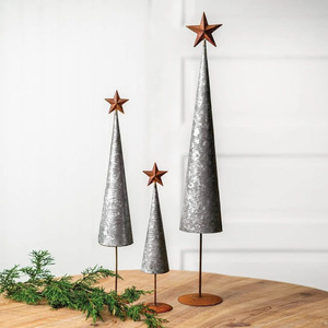 Set Of Three Galvanized Metal Cone <b>Christmas</b> Trees Featuring Corrugated Design And Rust-Colored Star <b>Toppers</b> Holiday Decoration - Product Image 1
