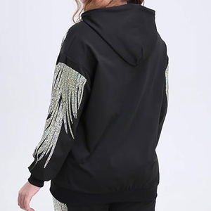 Sudadera con Capucha Negra para Mujer, Manga Larga, Estampado de Alas con Lentejuelas, Cierre Frontal con Cremallera, Estilo Casual, Tejido de Poliéster para Otoño - Product Image 2