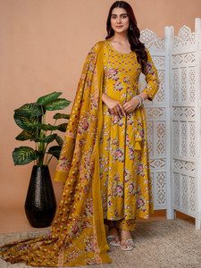 Yellow Floral Printed Cotton <b>Kurta</b> Set Regular Fit Knee-Length Traditional Indian/Pakistani Summer Casual Women's <b>Dress</b> Quick - Product Image 4