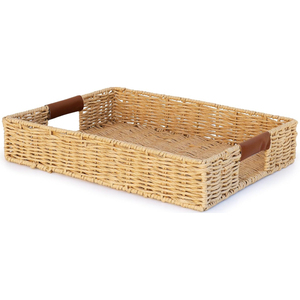 Handmade Round Rattan Serving Tray with <b>Handles</b> Eco-Friendly Woven Ottoman Tray <b>Wicker</b> Fruit & Bread <b>Basket</b> Set - Product Image 5