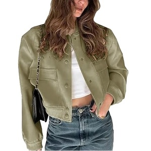 Olive Green PU <b>Leather</b> <b>Bomber</b> <b>Jacket</b> <b>Women</b> Short Sleeve Full Length Turn-down Collar Solid Color Autumn Wear - Product Image 1