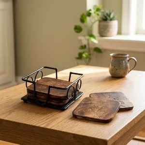 Wooden Coasters <b>Set</b> of 6 with Iron Holder <b>Round</b> Tea Coffee Cup Coaster <b>Set</b> <b>for</b> <b>Dining</b> <b>Table</b> Home Kitchen Office Decor - Product Image 6