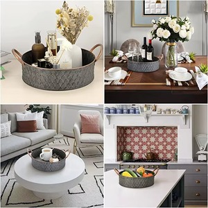 Round Metal Decorative Tray With Handles Industrial Style Antique Weathered Finish Single-Piece Package - Product Image 3