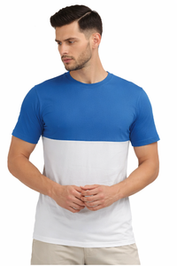 T-shirt à col rond colorblock bleu et blanc de qualité supérieure – Mélange de coton ultra-doux et respirant, essentiel pour un style décontracté - Product Image 2