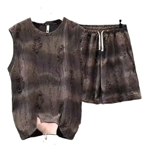 Men's Two-Piece Knitted Cotton Acid Wash Short Set Sleeveless Men's T-Shirt Raw Edge Sweat Shorts for Summer Formal 3D Pattern - Product Image 5