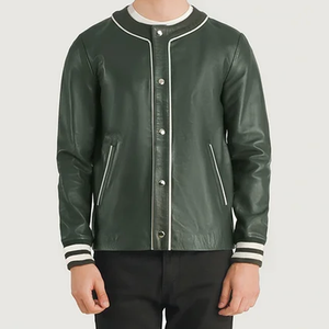 Blouson bomber en cuir PU vert pour homme, couleur unie, fermeture à boutons, col rabattu, coupe classique, vêtement d'automne - Product Image 2