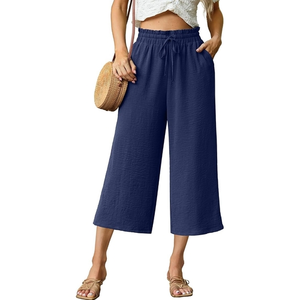 Women 2025 <b>Summer</b> New Chic Fashion Flax Wide Leg Pants Breathable Elastic Waist Vintage High Waist Full Length <b>Trousers</b> - Product Image 3